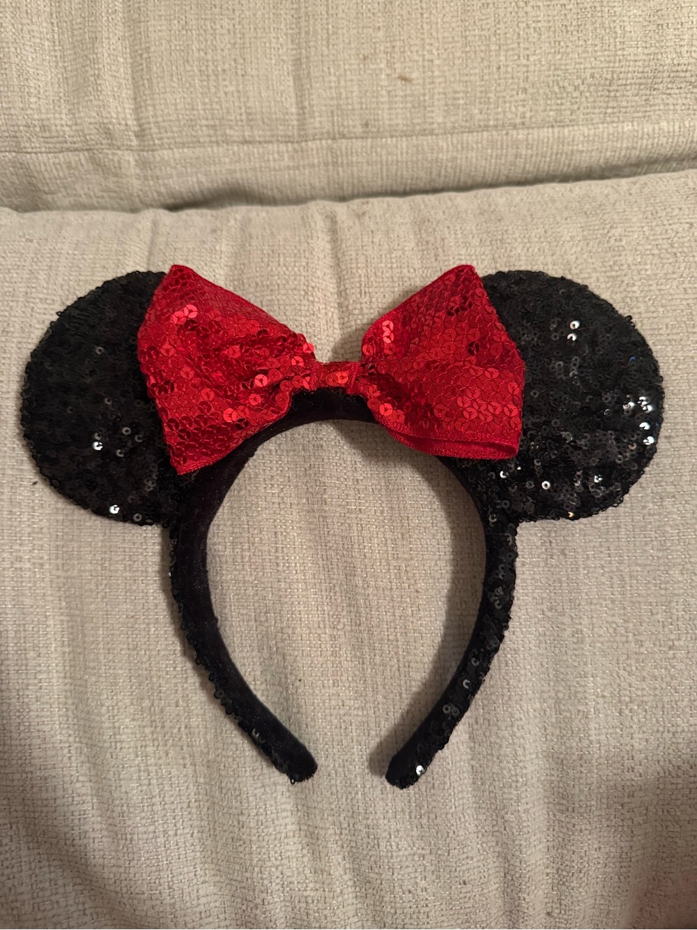 Disney Black Sequin Minnie Ear Headband with Red Sequin Bow